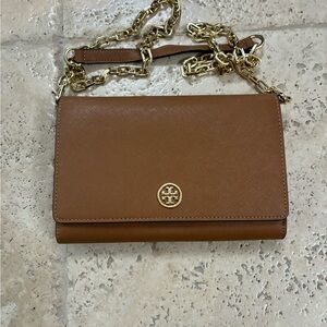 Tory Burch Brown Leather Crossbody with Gold Chain